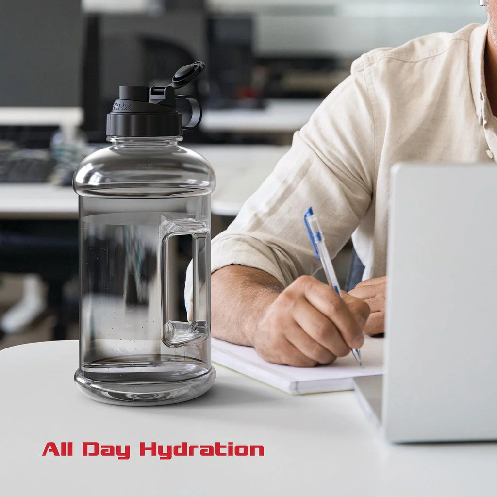 FitRx Voyager Half-Gallon Water Jug – 68 oz Large Reusable Water Bottle with Neoprene Sleeve, Storage Pocket & Carry Strap