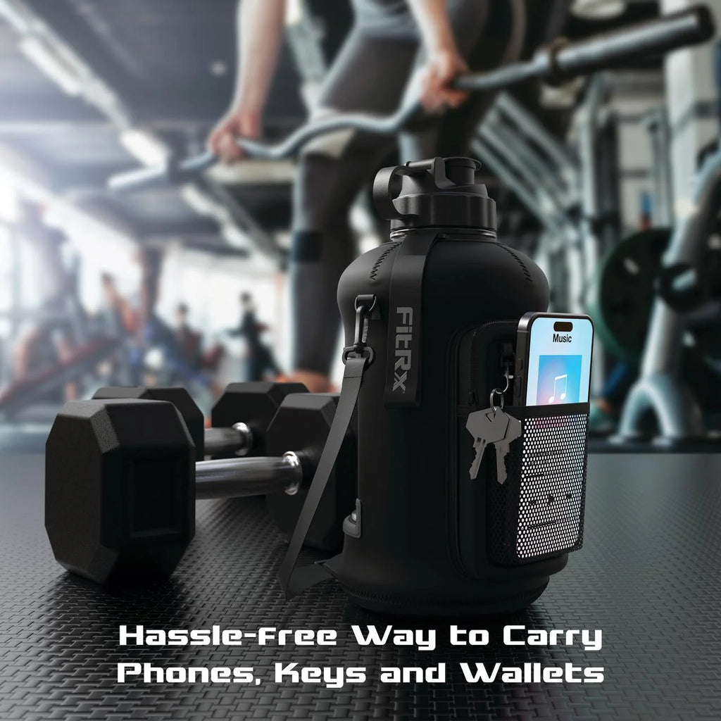 FitRx Voyager Half-Gallon Water Jug – 68 oz Large Reusable Water Bottle with Neoprene Sleeve, Storage Pocket & Carry Strap