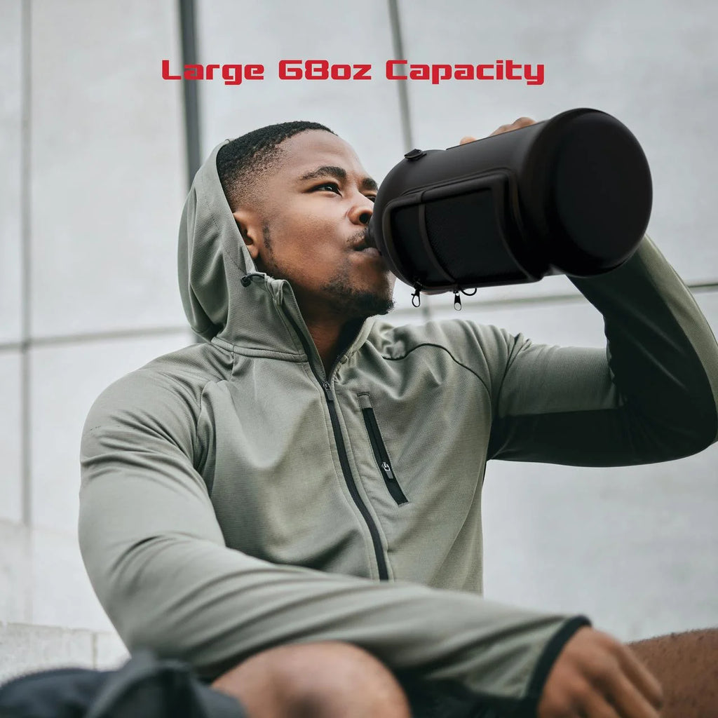 FitRx Voyager Half-Gallon Water Jug – 68 oz Large Reusable Water Bottle with Neoprene Sleeve, Storage Pocket & Carry Strap