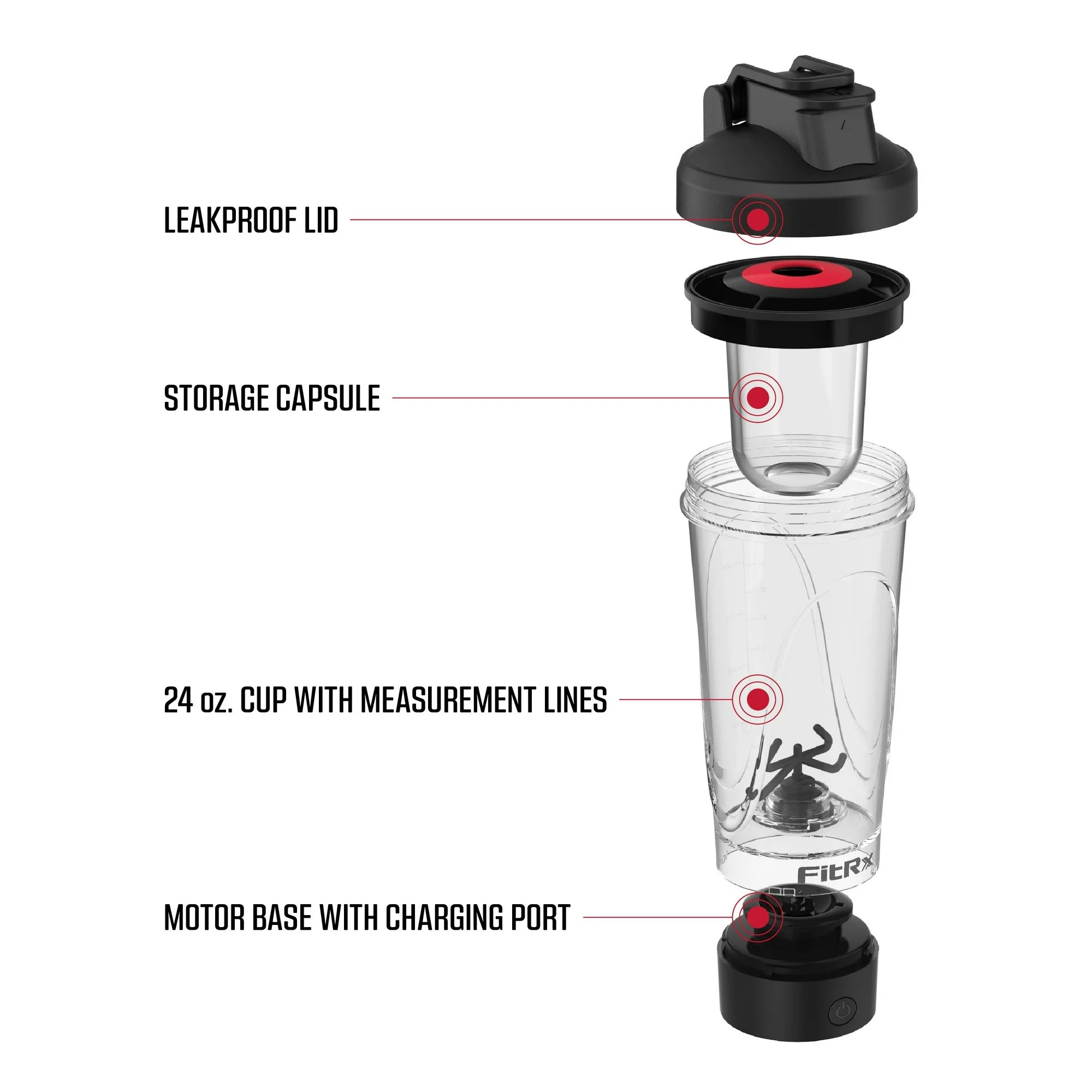 FitRx Sport Mixer Electric Shaker Bottle – Rechargeable Portable Protein Shaker, 24oz – Black