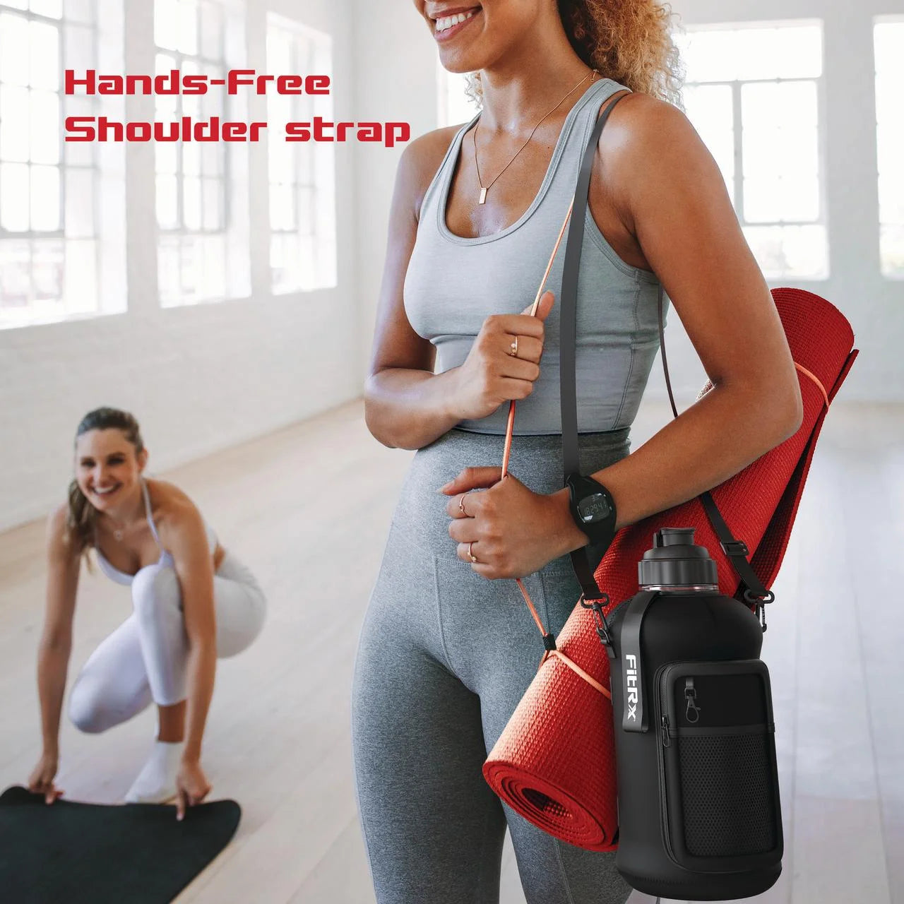 FitRx Voyager Half-Gallon Water Jug – 68 oz Large Reusable Water Bottle with Neoprene Sleeve, Storage Pocket & Carry Strap