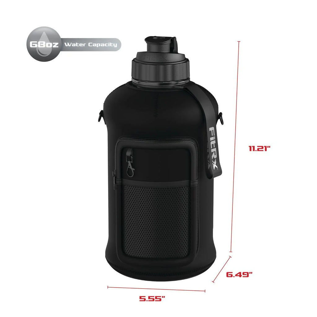 FitRx Voyager Half-Gallon Water Jug – 68 oz Large Reusable Water Bottle with Neoprene Sleeve, Storage Pocket & Carry Strap