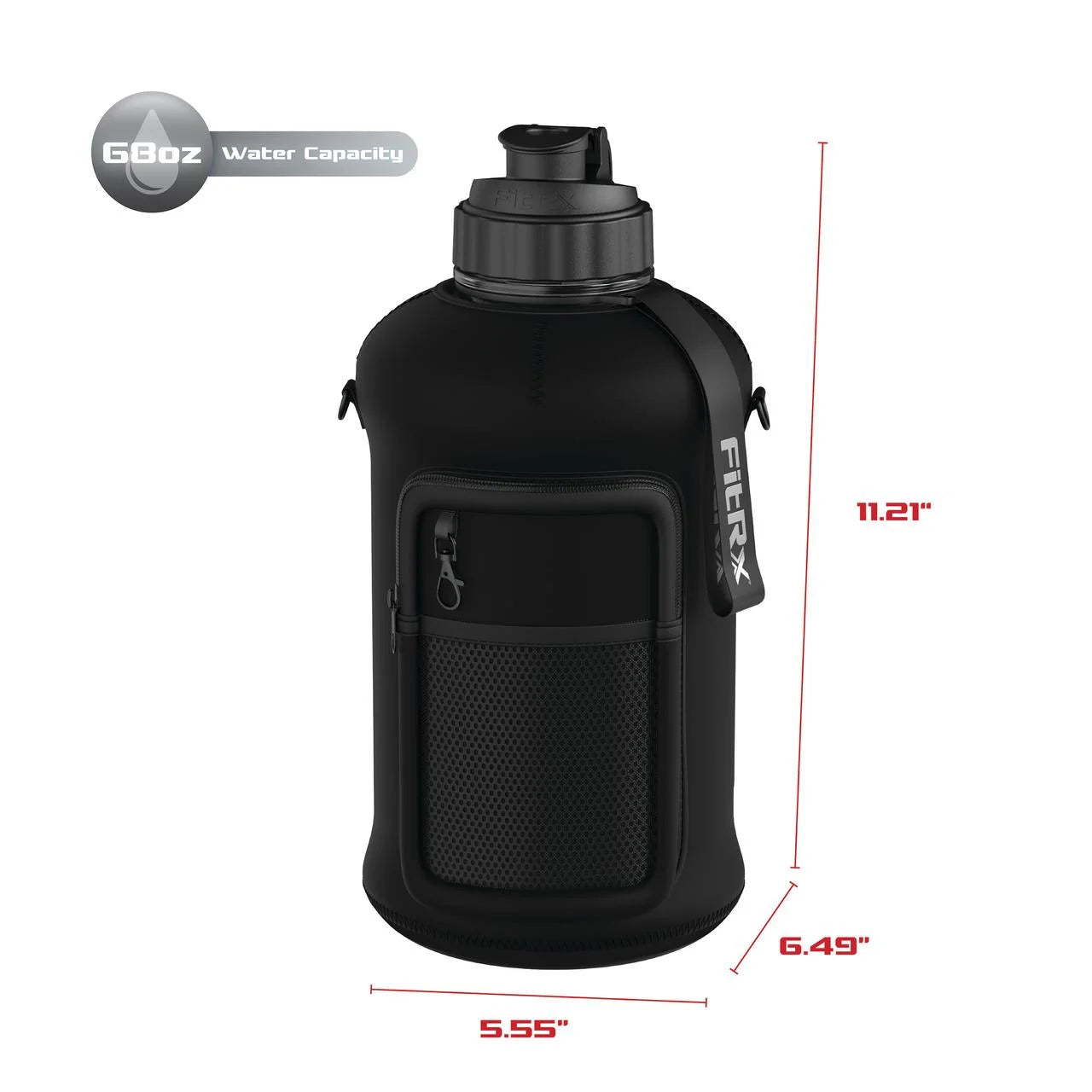 FitRx Voyager Half-Gallon Water Jug – 68 oz Large Reusable Water Bottle with Neoprene Sleeve, Storage Pocket & Carry Strap